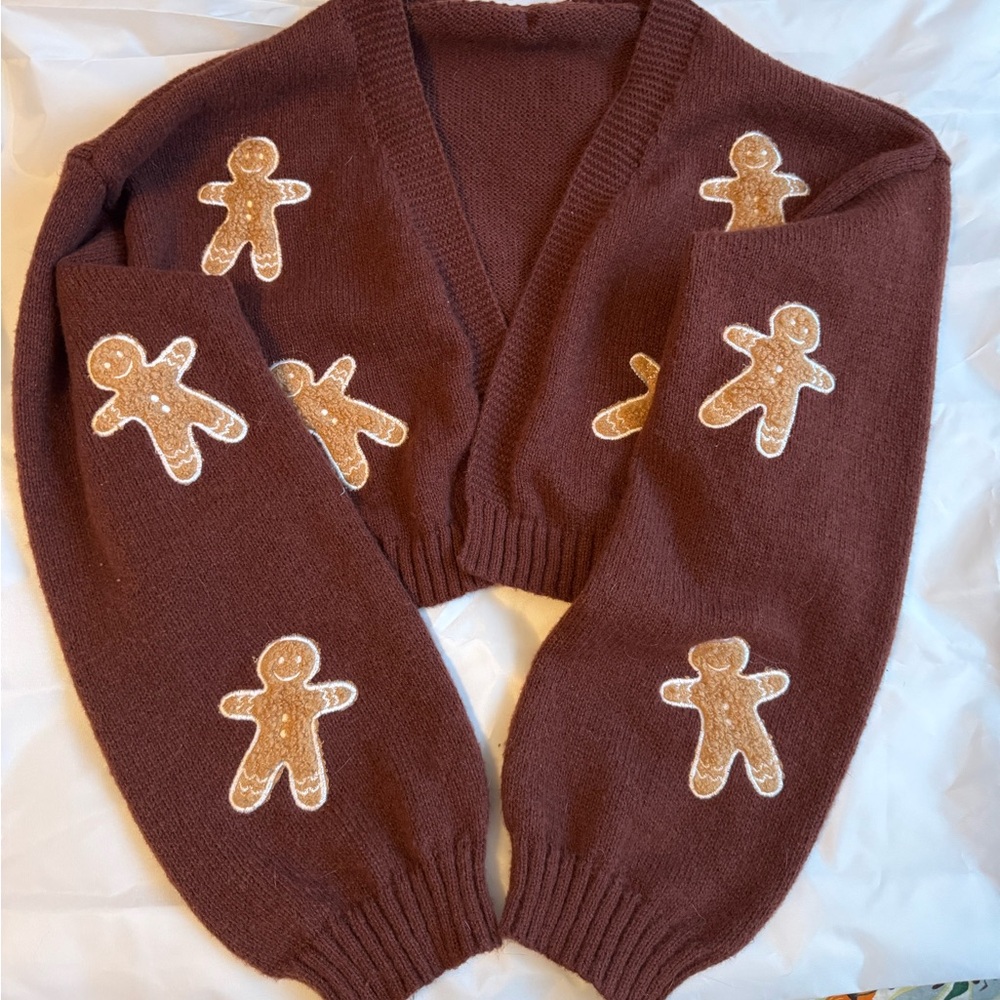 Brown Gingerbread Patch Chunky Knit Cardigan Sweater - Picture 3 of 4
